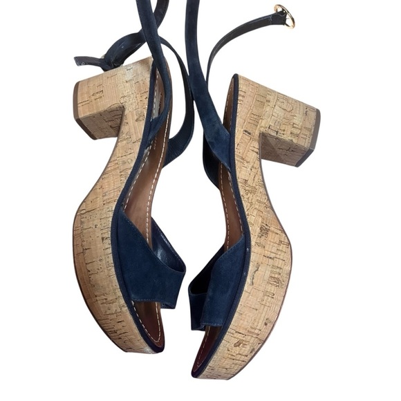 Diane von Furstenberg DVF Odelia Blue Suede Cork Open Toe Platform Sandals - 9 - Picture 2 of 13